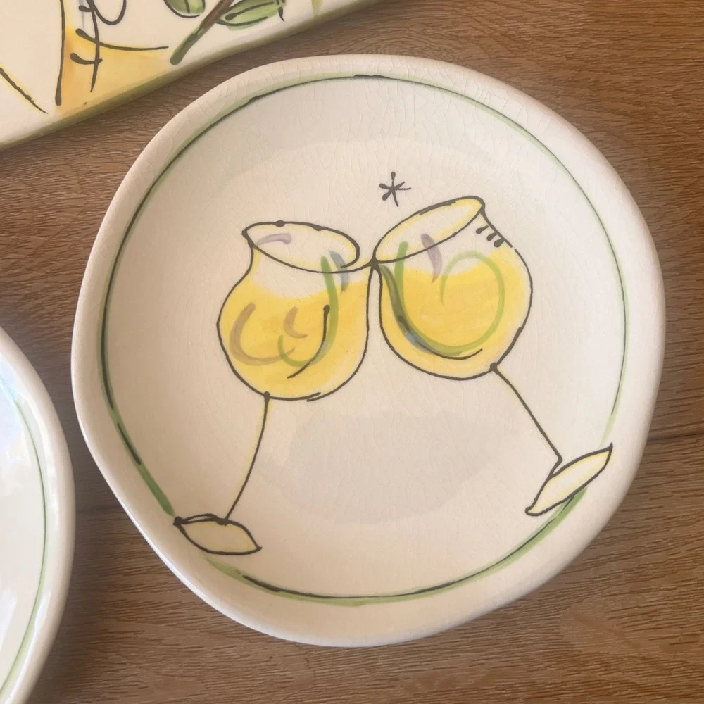 Vtg‎ Julia Junkin Hand Painted Ceramic Wine Olive Appetizer Set Plates 3pc